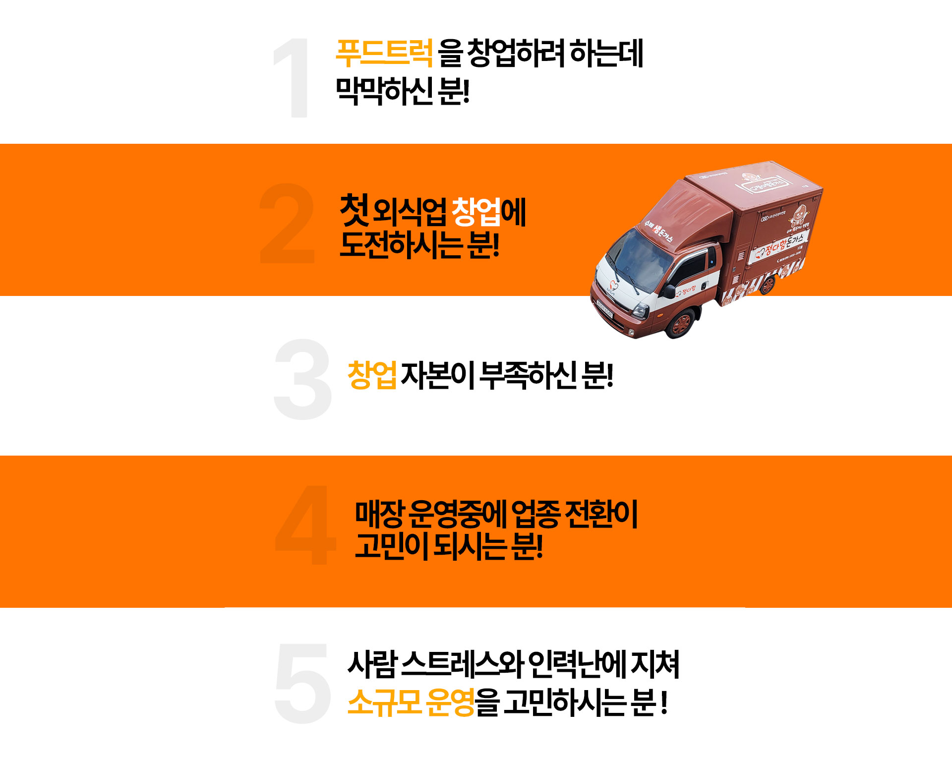 푸드트럭을 창업하려 하는데 막막하신 분! 첫 외식업 창업에 도전하시는 분 ! 창업 자본이 부족하신 분! 매장 운영중에 업종 전환이 고민되시는 분! 사람 스트레스와 인력난에 지쳐 소규모 운영을 고민하시는 분 !